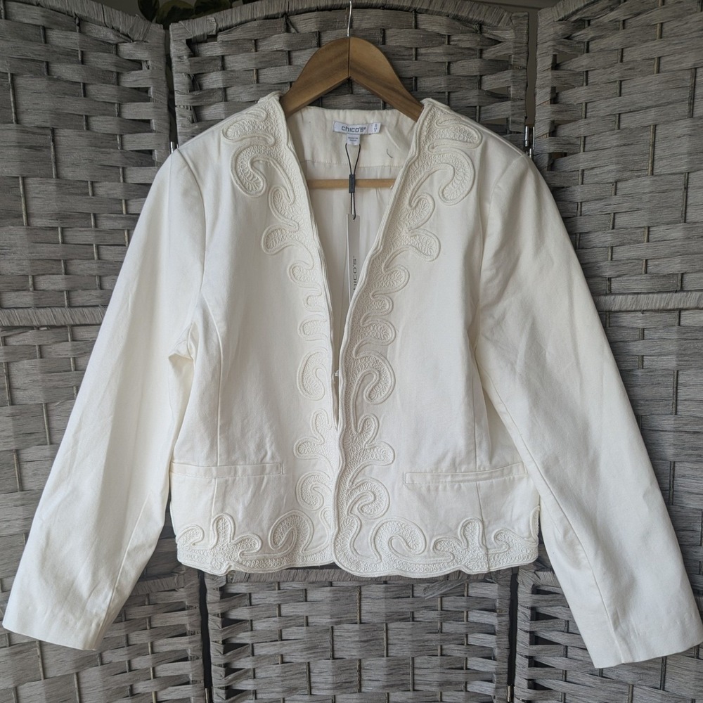 Chico's Collarless Soutache-Trim Blazer Jacket Cream‎ White NWT Sz 1.5 (US 10)